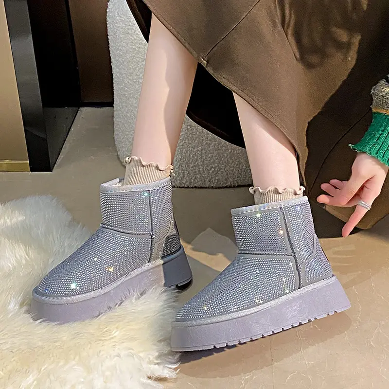 Women's New Winter Thick Soled Snow Boots Round Head Suede Rhinestone Anti-slip Wear-resistant Short Boots