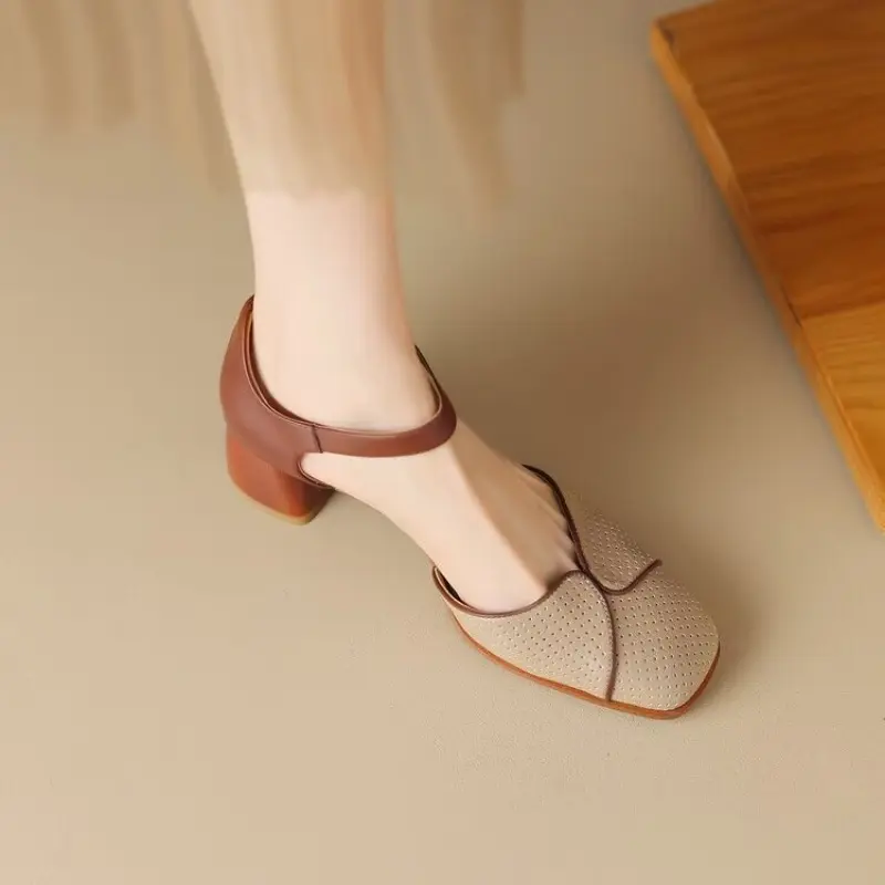 Baotou Sandals Women's Summer New Square Head Hollowed Out with Thick Heel Hollow Mesh Women's Shoes