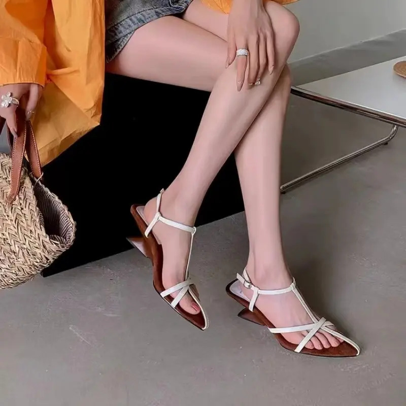 Summer New Sandals Women's Fashion Baotou Cross Thin Belt Metal Buckle Anti-slip Wear-resistant Special-shaped Heels