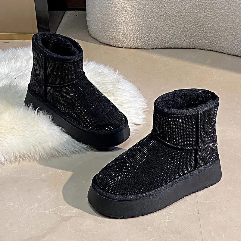 Women's New Winter Thick Soled Snow Boots Round Head Suede Rhinestone Anti-slip Wear-resistant Short Boots