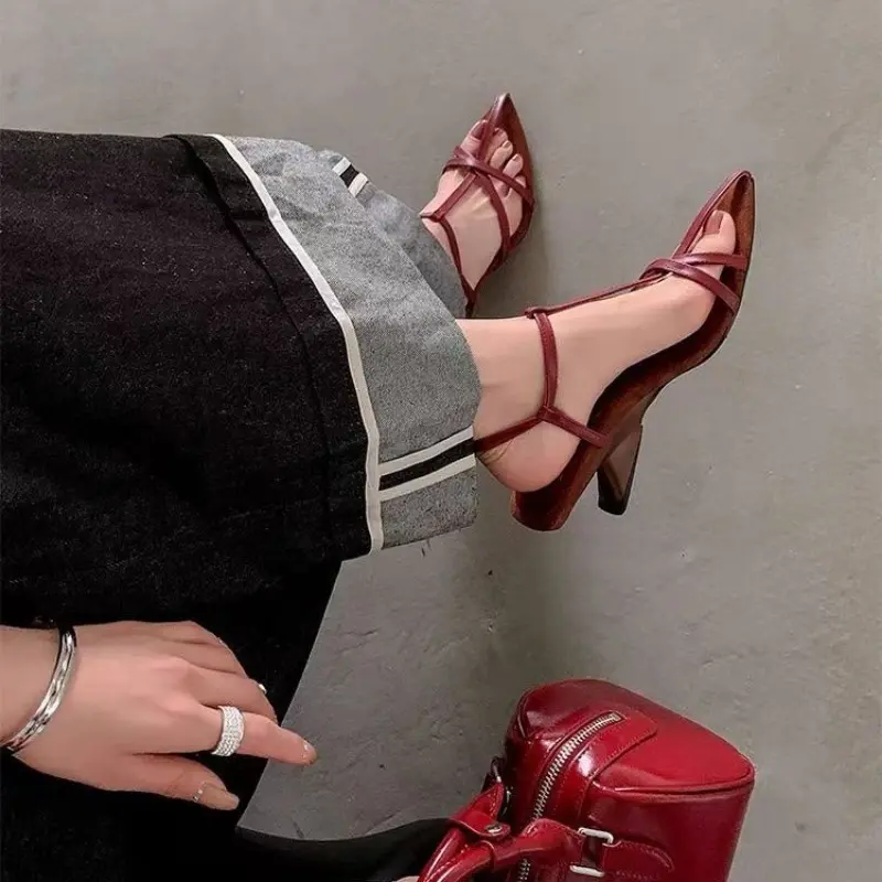 Summer New Sandals Women's Fashion Baotou Cross Thin Belt Metal Buckle Anti-slip Wear-resistant Special-shaped Heels