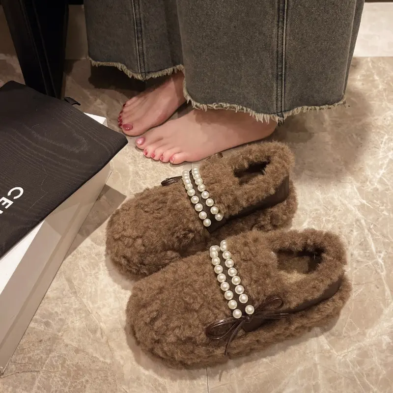 Women's Fashion Thick Soles Buy Shoes Winter New Round Head Beaded Butterfly Knot Anti-slip Wear-resistant Low-top Shoes