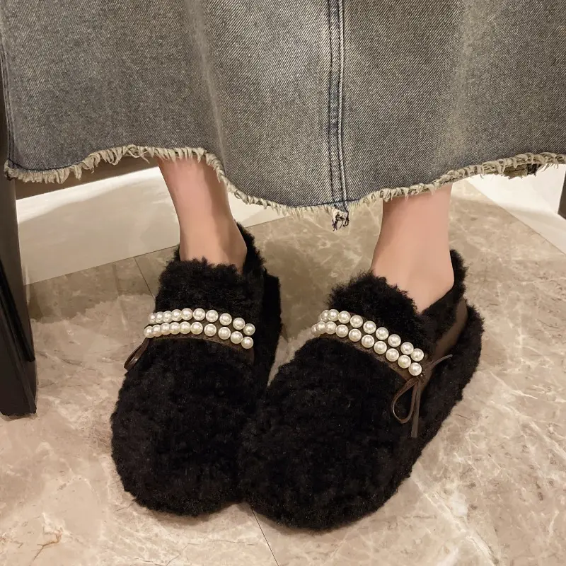 Women's Fashion Thick Soles Buy Shoes Winter New Round Head Beaded Butterfly Knot Anti-slip Wear-resistant Low-top Shoes