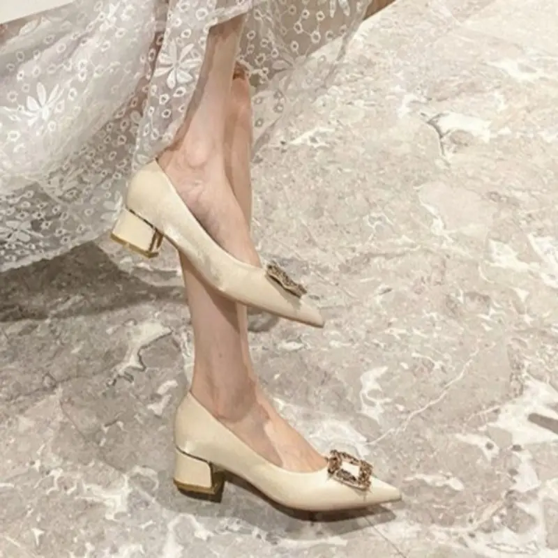 Chinese Block Heel High Heels Women's New Pointed Toe Shallow Mouth Crystal Square Buckle Mid-heel Single Shoes