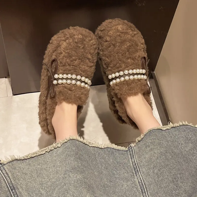 Women's Fashion Thick Soles Buy Shoes Winter New Round Head Beaded Butterfly Knot Anti-slip Wear-resistant Low-top Shoes
