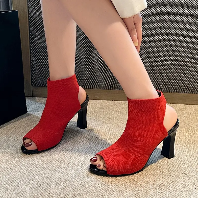 Women's Fashion Square Heel Sandals Summer New Round Head Fabric Fabric Anti-slip Wear-resistant High Heels