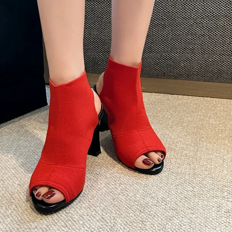 Women's Fashion Square Heel Sandals Summer New Round Head Fabric Fabric Anti-slip Wear-resistant High Heels