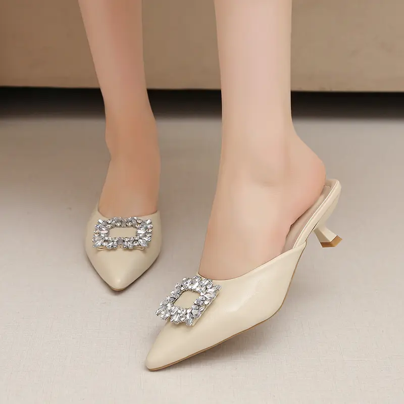 Pointed Toe Shallow Slip Rhinestone Square Buckle Stiletto Heel Semi-drag Women's Fashion Non-Slip Wear-Resistant Wrapped