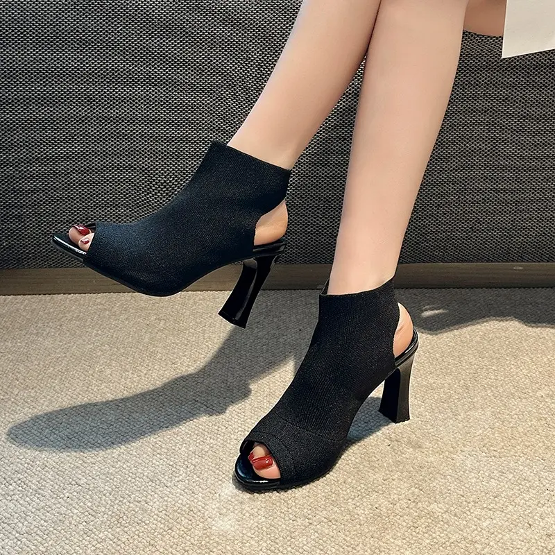 Women's Fashion Square Heel Sandals Summer New Round Head Fabric Fabric Anti-slip Wear-resistant High Heels