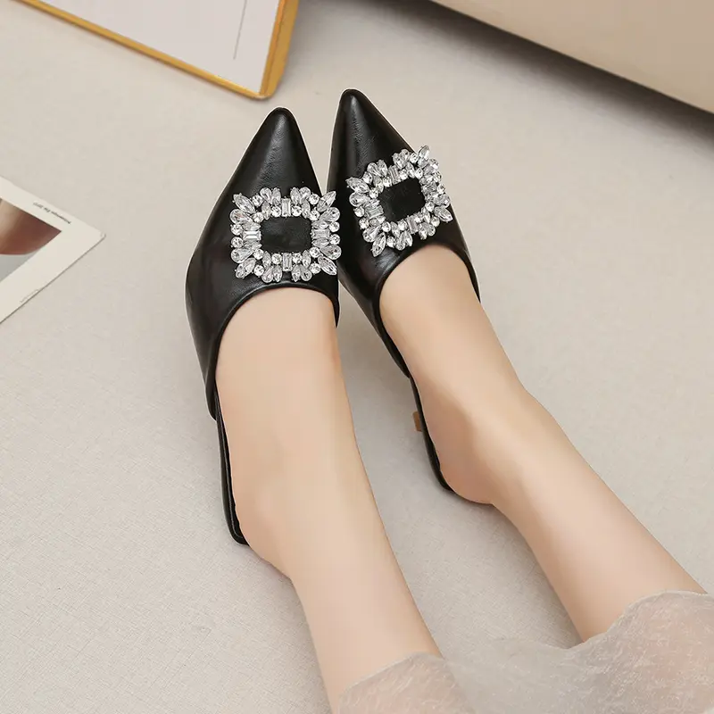 Pointed Toe Shallow Slip Rhinestone Square Buckle Stiletto Heel Semi-drag Women's Fashion Non-Slip Wear-Resistant Wrapped