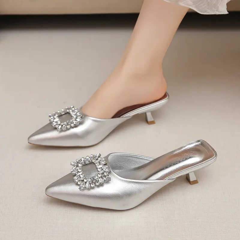 Pointed Toe Shallow Slip Rhinestone Square Buckle Stiletto Heel Semi-drag Women's Fashion Non-Slip Wear-Resistant Wrapped
