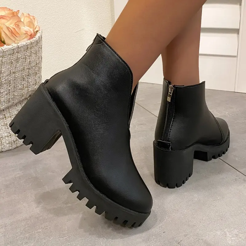 Chunky Heel Single Boots Women's Fashion Round Toe Platform Rear Zipper Anti-Slip Wear-Resistant Short Shoe