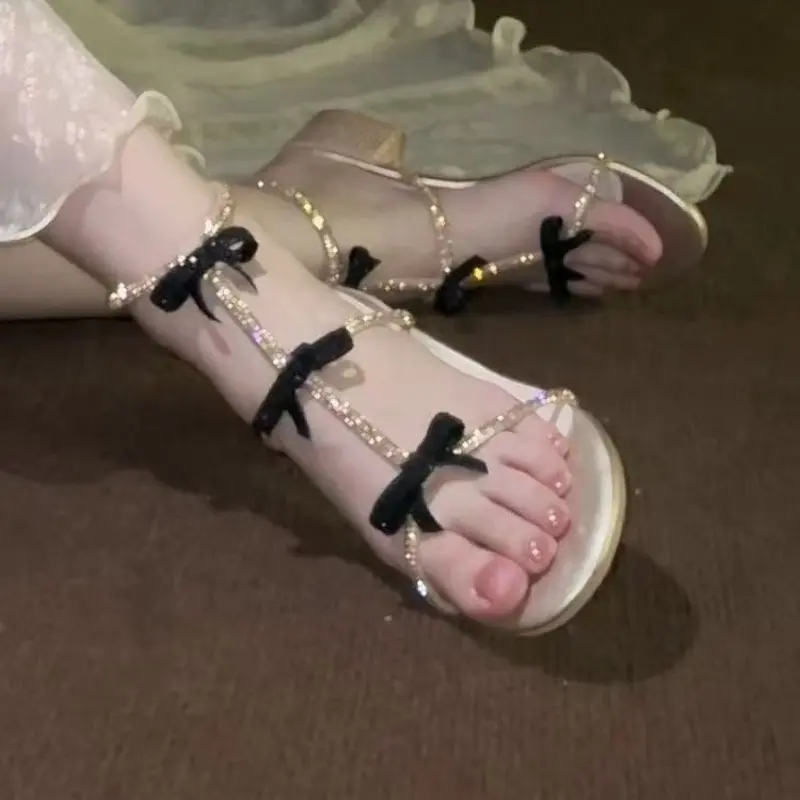 Women's Fashion Round Head Open Toe Crystal Fine Ribbon Butterfly Knot Anti-slip Wear-resistant Mid-heel Sandals Square Heels