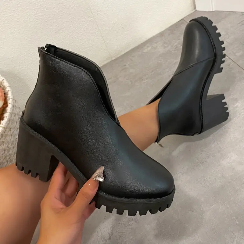 Chunky Heel Single Boots Women's Fashion Round Toe Platform Rear Zipper Anti-Slip Wear-Resistant Short Shoe