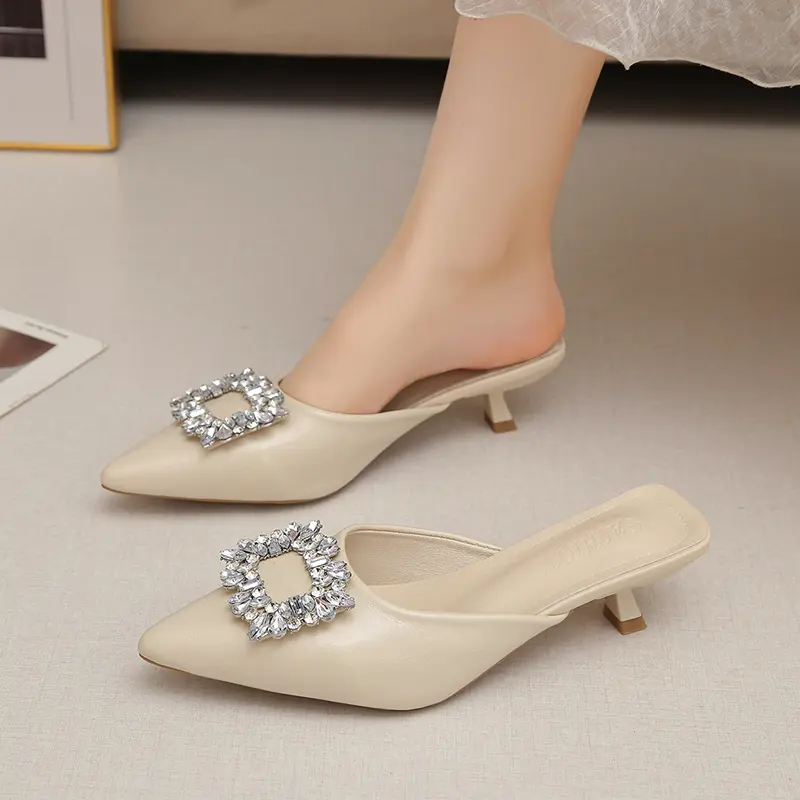 Pointed Toe Shallow Slip Rhinestone Square Buckle Stiletto Heel Semi-drag Women's Fashion Non-Slip Wear-Resistant Wrapped