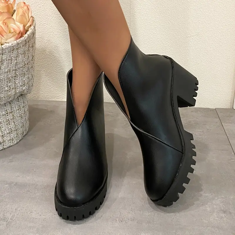 Chunky Heel Single Boots Women's Fashion Round Toe Platform Rear Zipper Anti-Slip Wear-Resistant Short Shoe