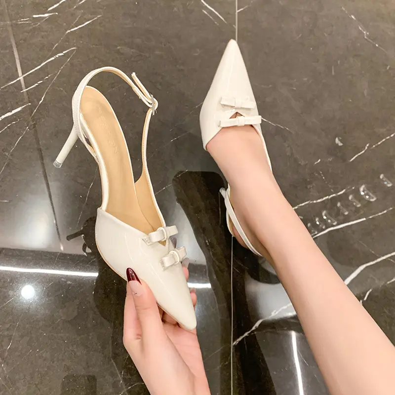 Thin Back Empty Sandals Summer New Pointy Head Shallow Mouth Butterfly Knot Line with Anti-slip Wear-resistant High Heels