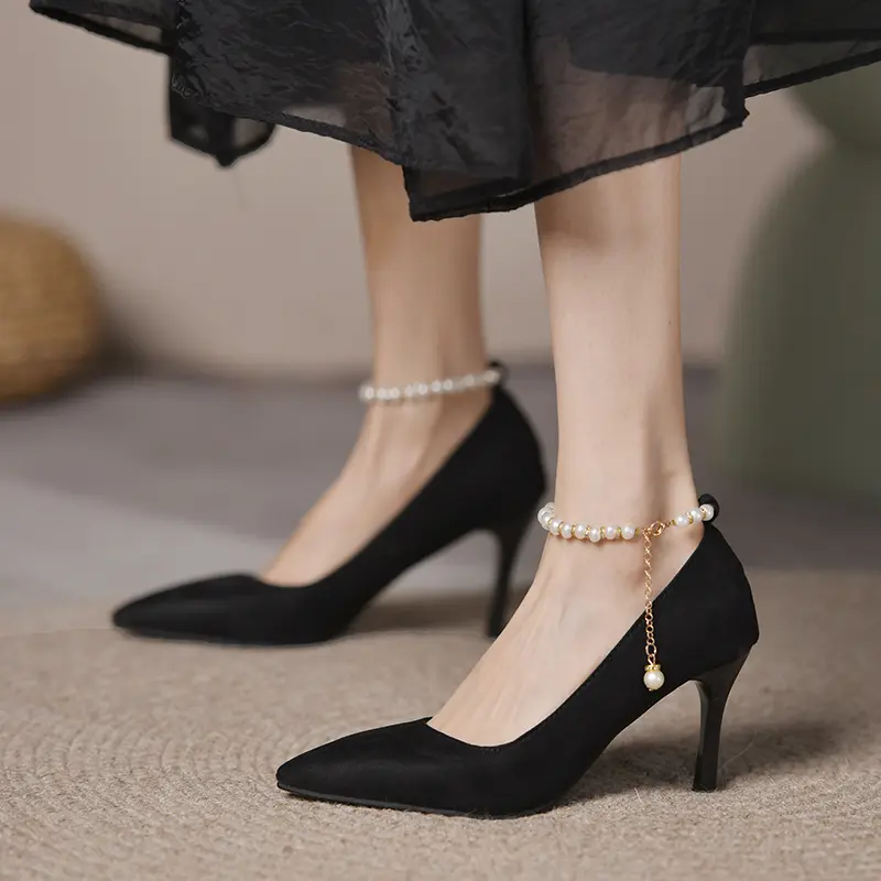 Stiletto Single Shoes Autumn New Pointed Toe Shallow Mouth Beaded One Strap Anti-Slip Wear-Resistant High Heels
