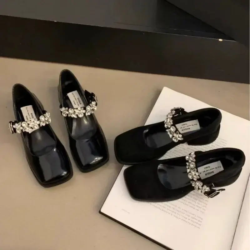Women's Fashion High Heel Single Shoes Autumn New Square Head Shallow Mouth Rhinestone Thick with Temperament Mary Jane Shoes
