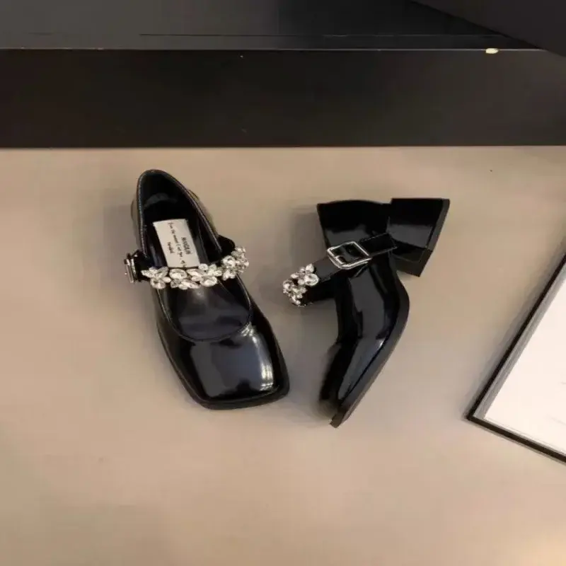 Women's Fashion High Heel Single Shoes Autumn New Square Head Shallow Mouth Rhinestone Thick with Temperament Mary Jane Shoes