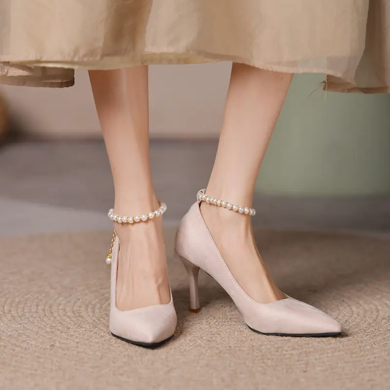Stiletto Single Shoes Autumn New Pointed Toe Shallow Mouth Beaded One Strap Anti-Slip Wear-Resistant High Heels