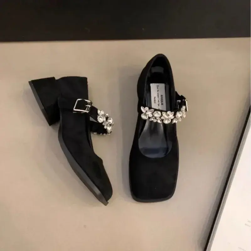 Women's Fashion High Heel Single Shoes Autumn New Square Head Shallow Mouth Rhinestone Thick with Temperament Mary Jane Shoes