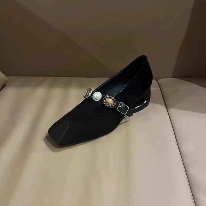 Women's Fashion Thick Heel Shoes Fall New Square Head Shallow Mouth One Word Buckle Non-slip Wear Comfortable Low Top Shoes