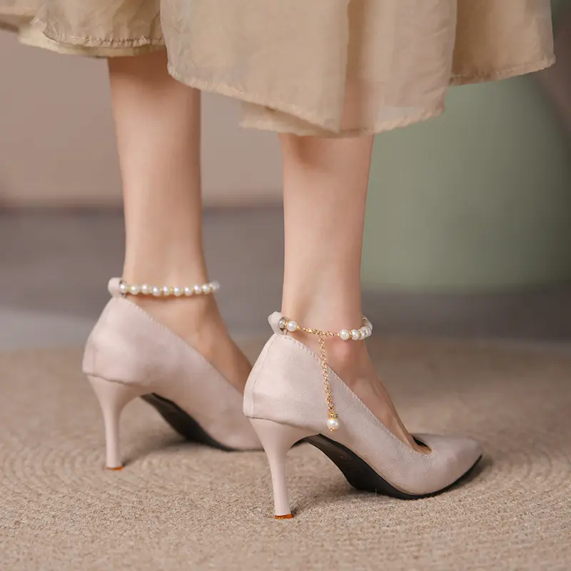 Stiletto Single Shoes Autumn New Pointed Toe Shallow Mouth Beaded One Strap Anti-Slip Wear-Resistant High Heels