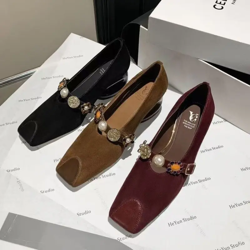 Women's Fashion Thick Heel Shoes Fall New Square Head Shallow Mouth One Word Buckle Non-slip Wear Comfortable Low Top Shoes