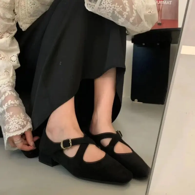 Women's Fashion Thick Heel Shoes Fall New Square Head Shallow Mouth Leopard Cross with Soft Sole Non-slip Low Heel Shoes