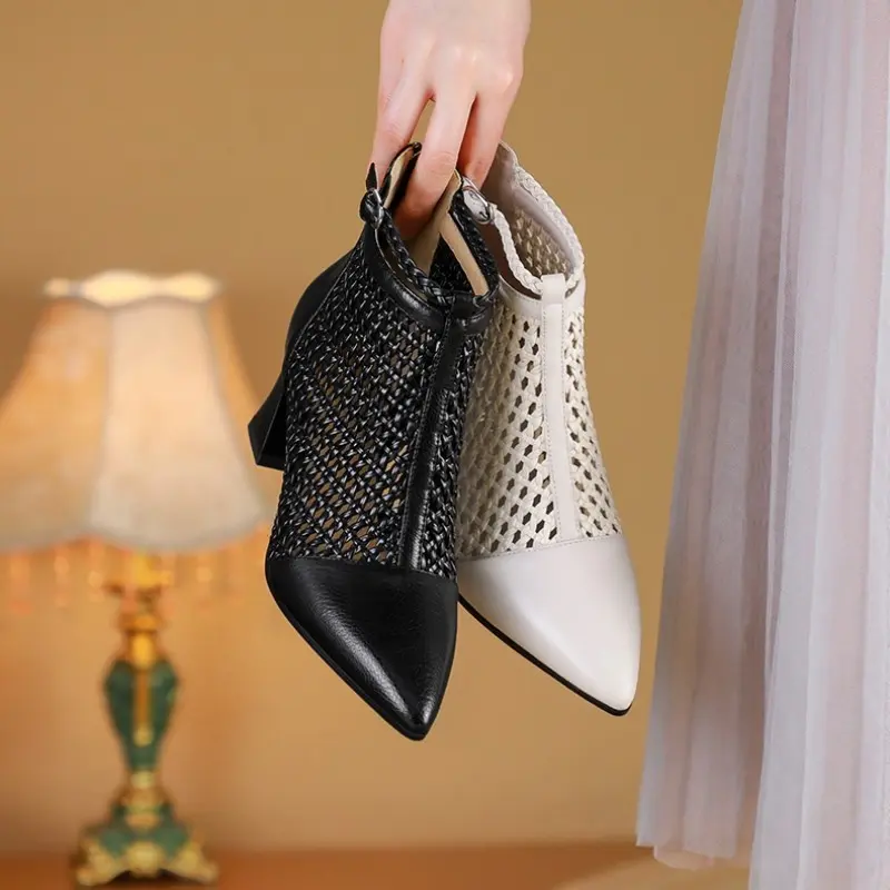 The New Summer Style of Hollow Thick-heeled and High-heeled Breathable Mesh Boots Goes Well with Versatile Mesh Ankle Boots
