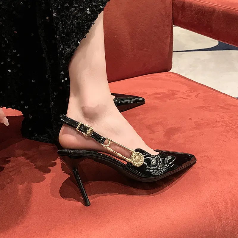 Metal Buckle Stiletto Sandals Autumn New Pointed Toe Shallow Mouth One Strap Anti-Slip Wear-Resistant High Heels