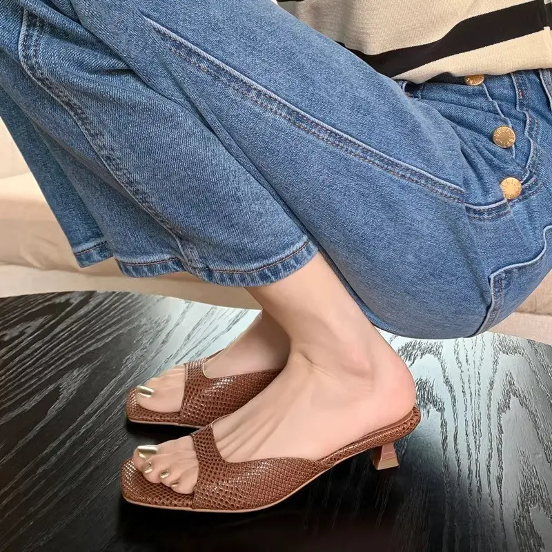 Baotou Women's Shoes Summer New Pointed Head Rhinestone Mesh Hollow-out One Line Buckle High Heel Sandals
