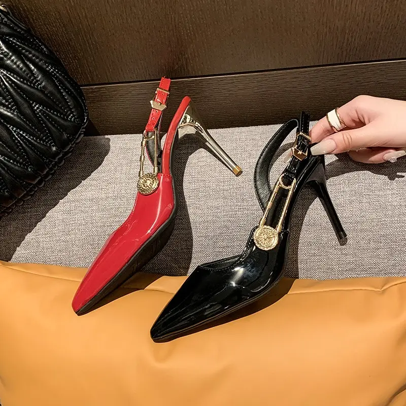 Metal Buckle Stiletto Sandals Autumn New Pointed Toe Shallow Mouth One Strap Anti-Slip Wear-Resistant High Heels