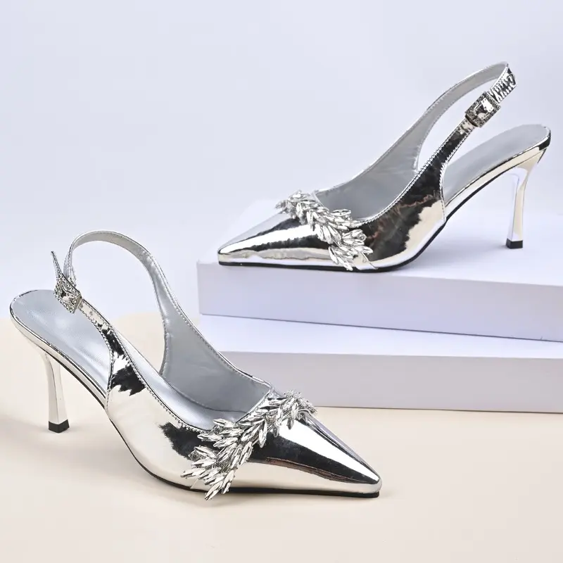 Pointed Toe Stiletto Patent Leather Sandals Women's Summer Baotou Rhinestone Buckle Strap High Heel Single Shoes