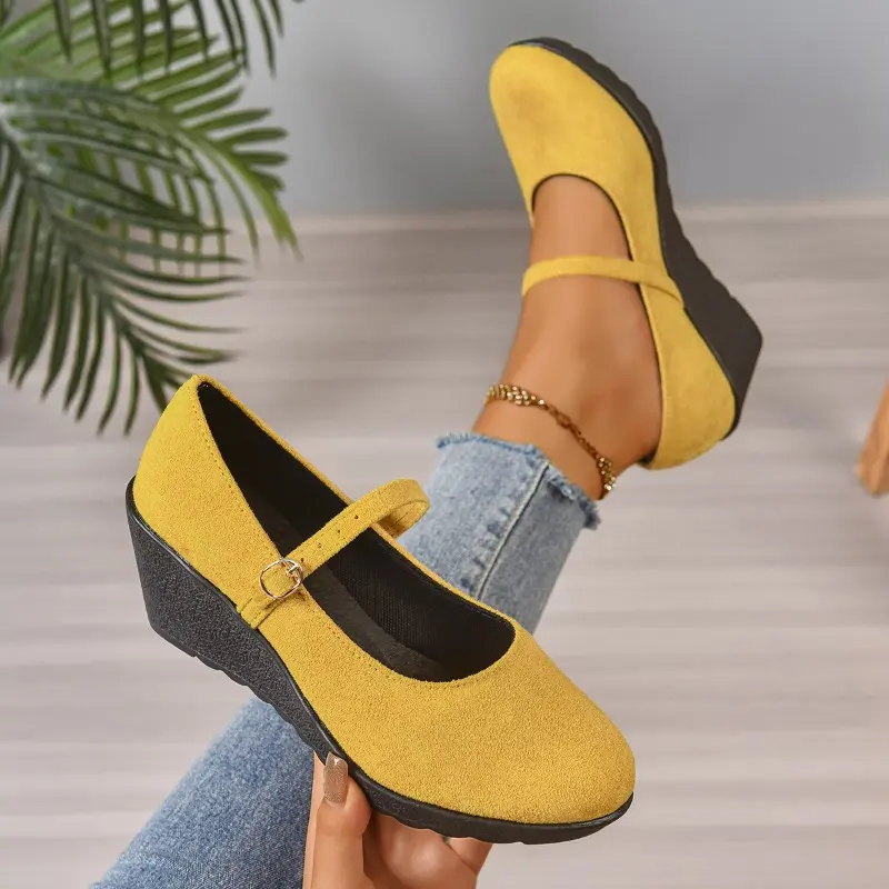Round Toe Suede Slip Strap Single Shoes Autumn New Platform Anti-Slip Wear-Resistant Mid-heel Wedge Shoes