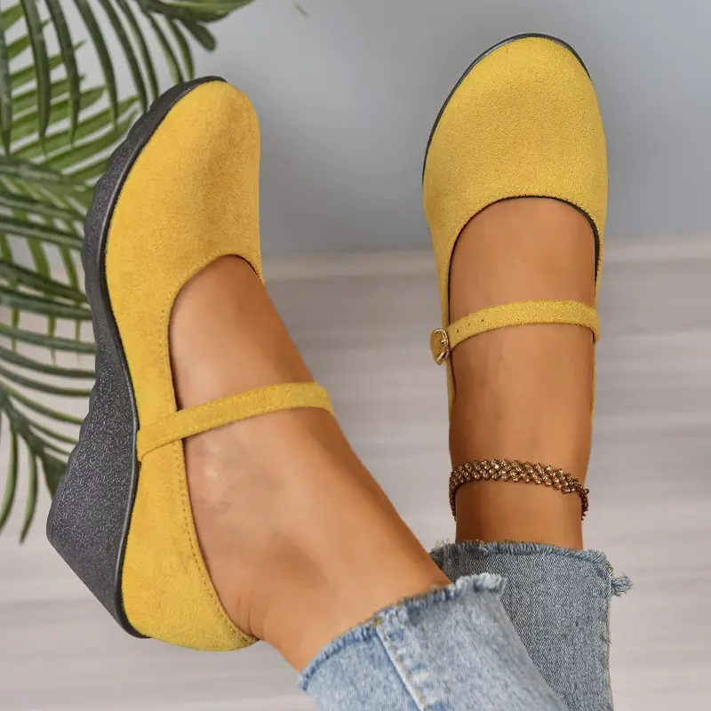 Round Toe Suede Slip Strap Single Shoes Autumn New Platform Anti-Slip Wear-Resistant Mid-heel Wedge Shoes