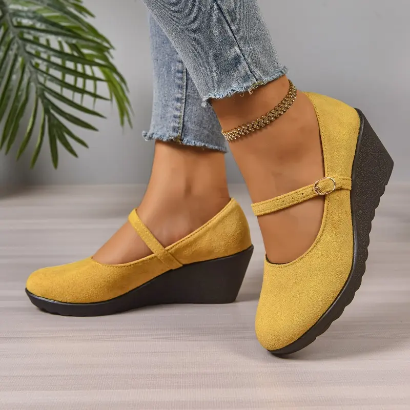 Round Toe Suede Slip Strap Single Shoes Autumn New Platform Anti-Slip Wear-Resistant Mid-heel Wedge Shoes