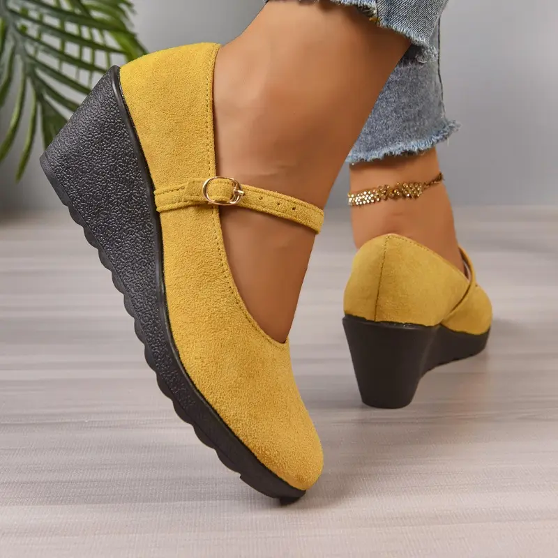 Round Toe Suede Slip Strap Single Shoes Autumn New Platform Anti-Slip Wear-Resistant Mid-heel Wedge Shoes