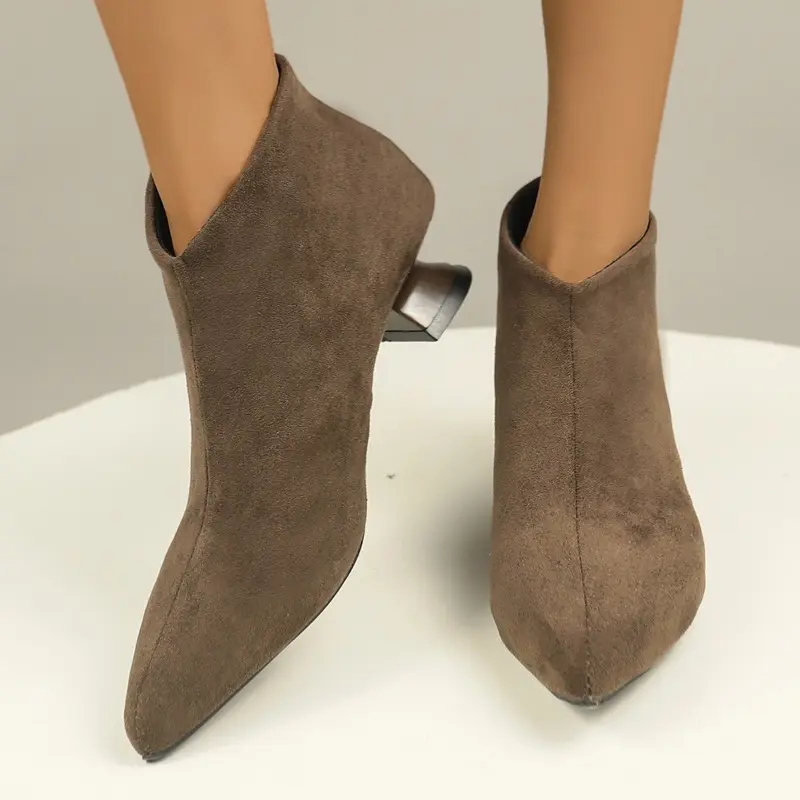 Special Heel Bare Boots Autumn New Pointed Toe Suede Rear Zipper Anti-Slip Wear-Resistant Single Boots
