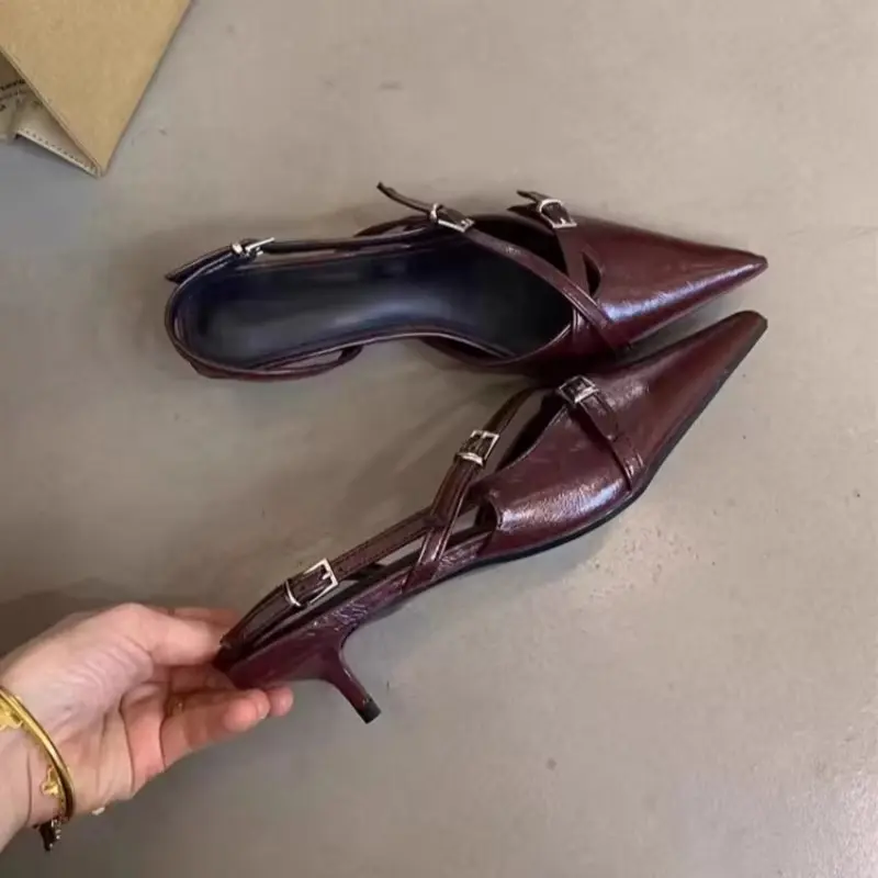 Summer new Baotou sandals women's pointed head shallow mouth metal buckle soft sole anti-slip wear-resistant low heel shoes