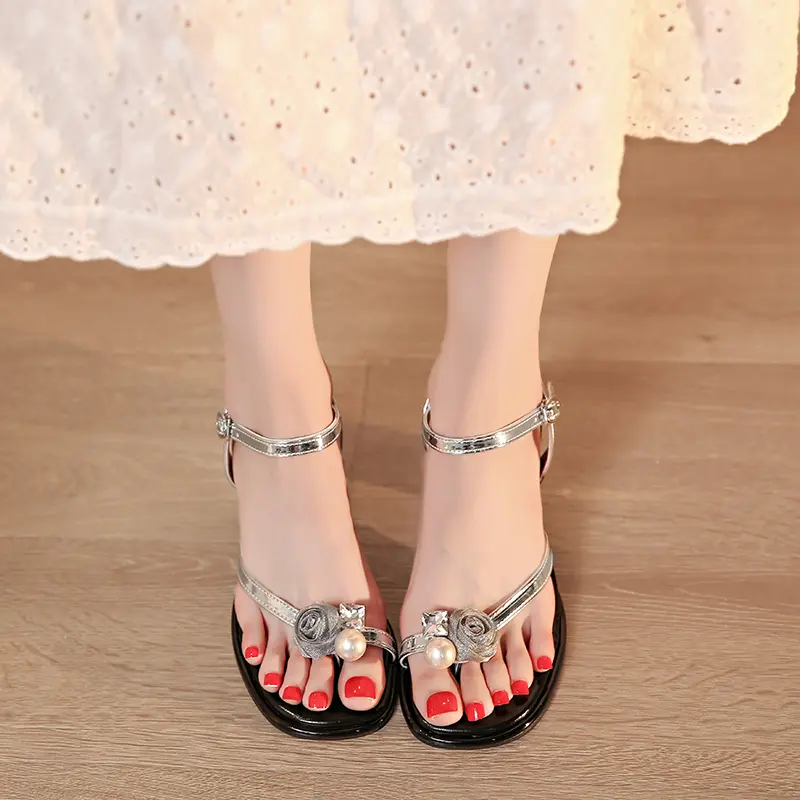 Summer Rose Fairy Wind Cover Toe Block Heel Temperament Sandals Women's New Square Toe Open Toe Roman Shoes