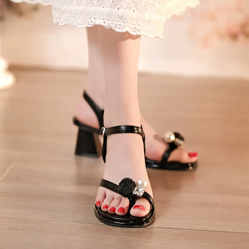 Summer Rose Fairy Wind Cover Toe Block Heel Temperament Sandals Women's New Square Toe Open Toe Roman Shoes