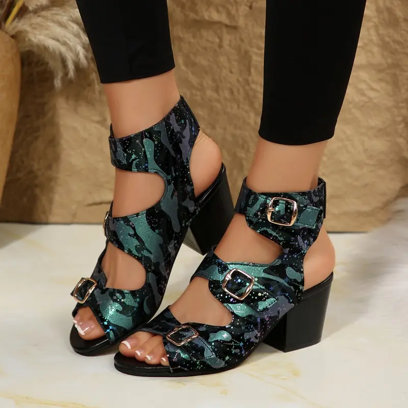 Fish Mouth Heels Autumn New Round Toe Open Toe Metal Belt Buckle Non-slip Wear-resistant Block Heel Sandals