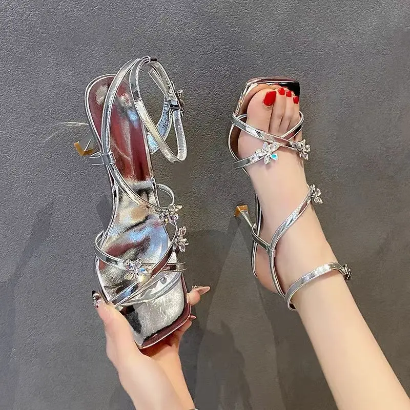 Square Toe Temperament Versatile Cross Strap One Strap Flower Rhinestone Stiletto Sandals Summer New High Heels Women