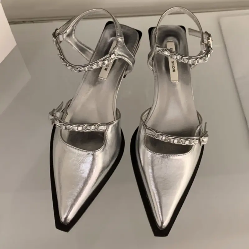 Women's Baotou Sandals Autumn New Pointed Head Shallow Mouth Metal Chain Side Air Breathable Single Shoes