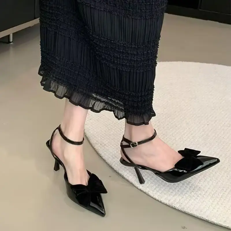 Butterfly Knot Head Sandals Summer New Pointed Head Shallow Mouth Metal One-line Buckle Anti-slip Wear-resistant High Heels