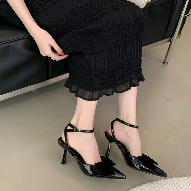 Butterfly Knot Head Sandals Summer New Pointed Head Shallow Mouth Metal One-line Buckle Anti-slip Wear-resistant High Heels