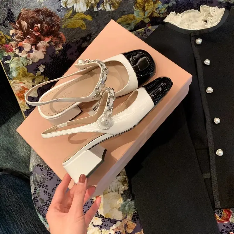 Summer New Chunky Heels Women Baotou After Empty Mary Jane Shoes Metal Chain Pearl One-line Buckle Sandals Large Size