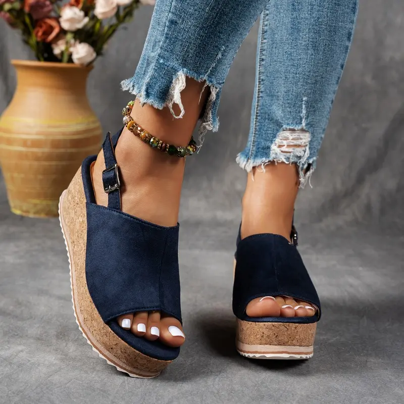 Summer Leopard Platform Slippers Women's Fashion Round Toe Open Toe One Strap Anti-Slip Wear-Resistant Plus Size Kitten Heels